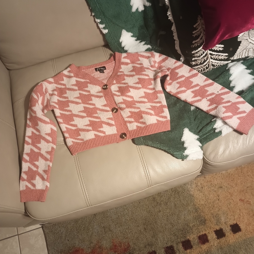 Art Class Pink and White Houndstooth Cardigan